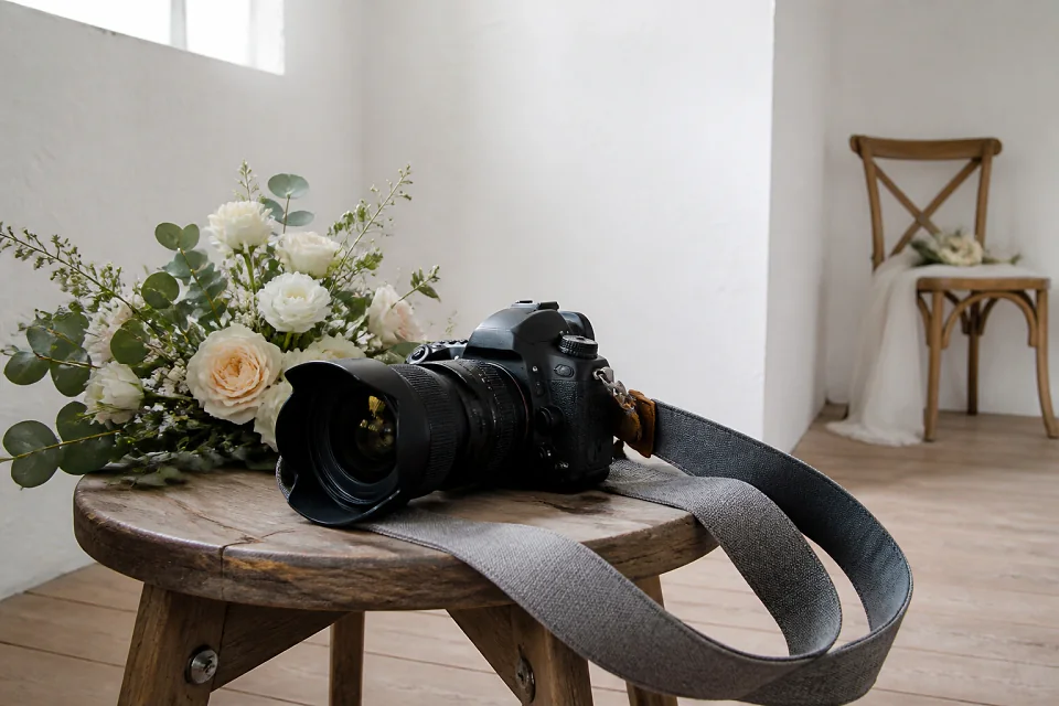 Appareil photo et accessoires de reportage de mariage — illustration générée par IA