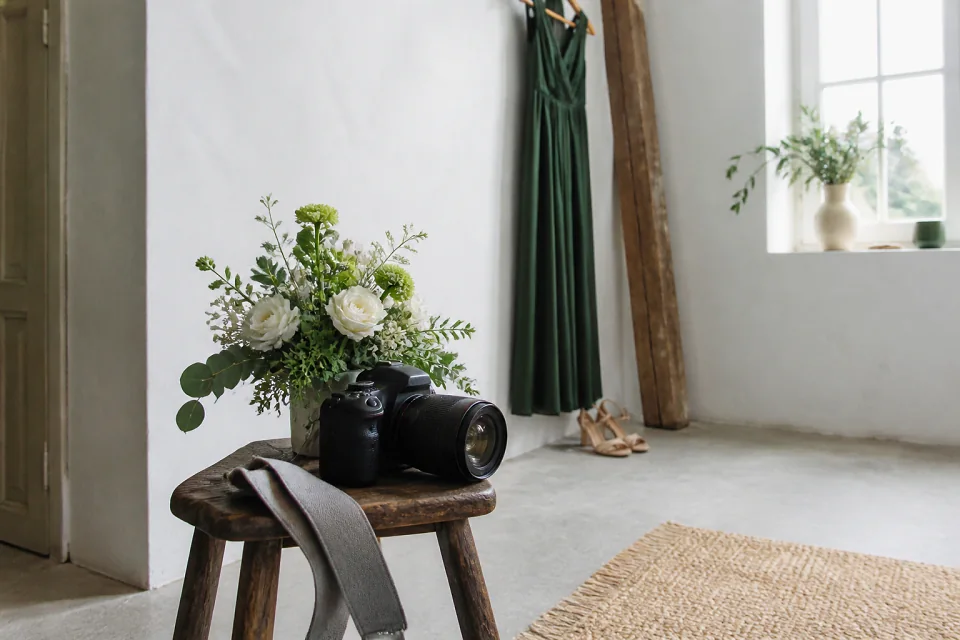Appareil photo et accessoires de reportage de mariage — illustration générée par IA