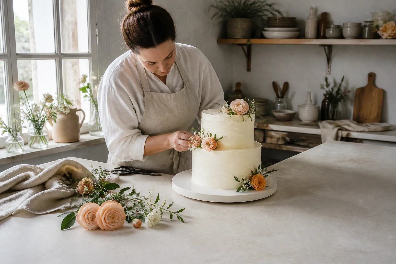 Gâteau de mariage préparé dans un atelier — illustration générée par IA