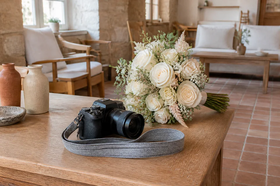 Appareil photo et accessoires de reportage de mariage — illustration générée par IA