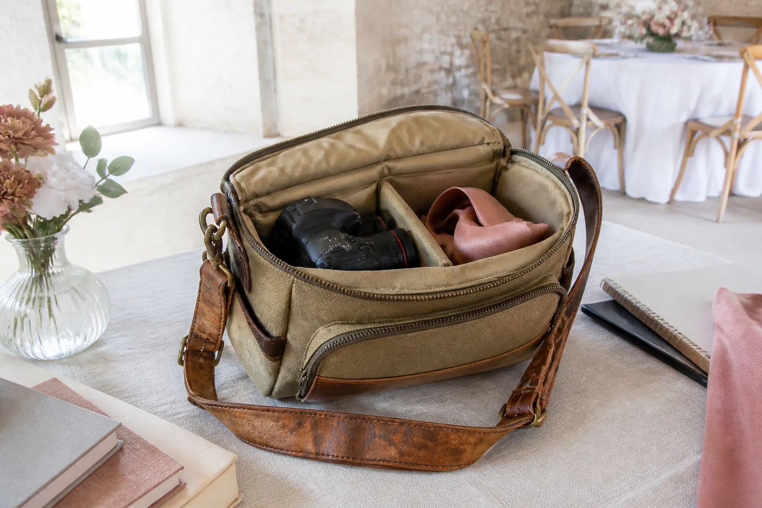 Appareil photo et accessoires de reportage de mariage — illustration générée par IA