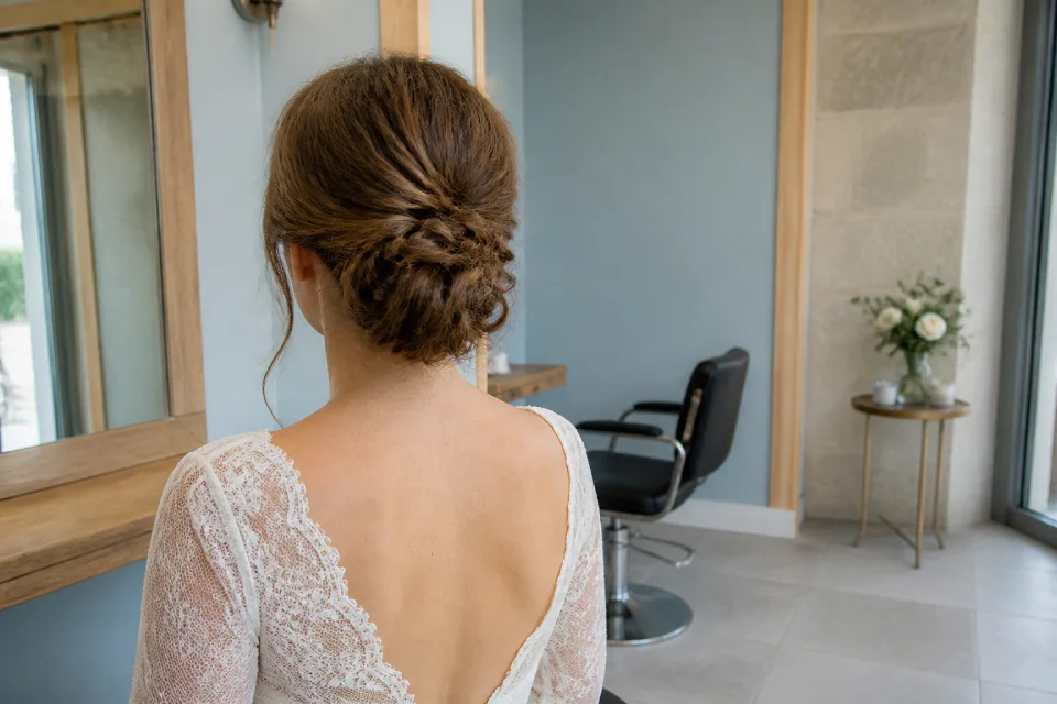 Coiffure de cérémonie vue pendant la préparation — illustration générée par IA