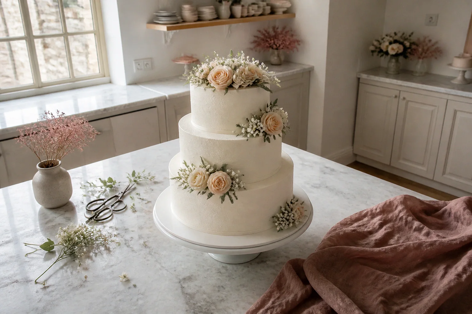 Gâteau de mariage préparé dans un atelier — illustration générée par IA