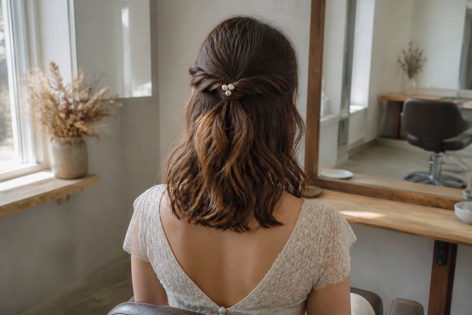 Coiffure de cérémonie vue pendant la préparation — illustration générée par IA