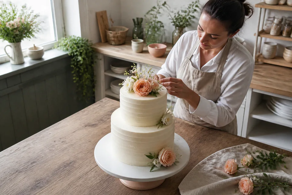 Gâteau de mariage préparé dans un atelier — illustration générée par IA