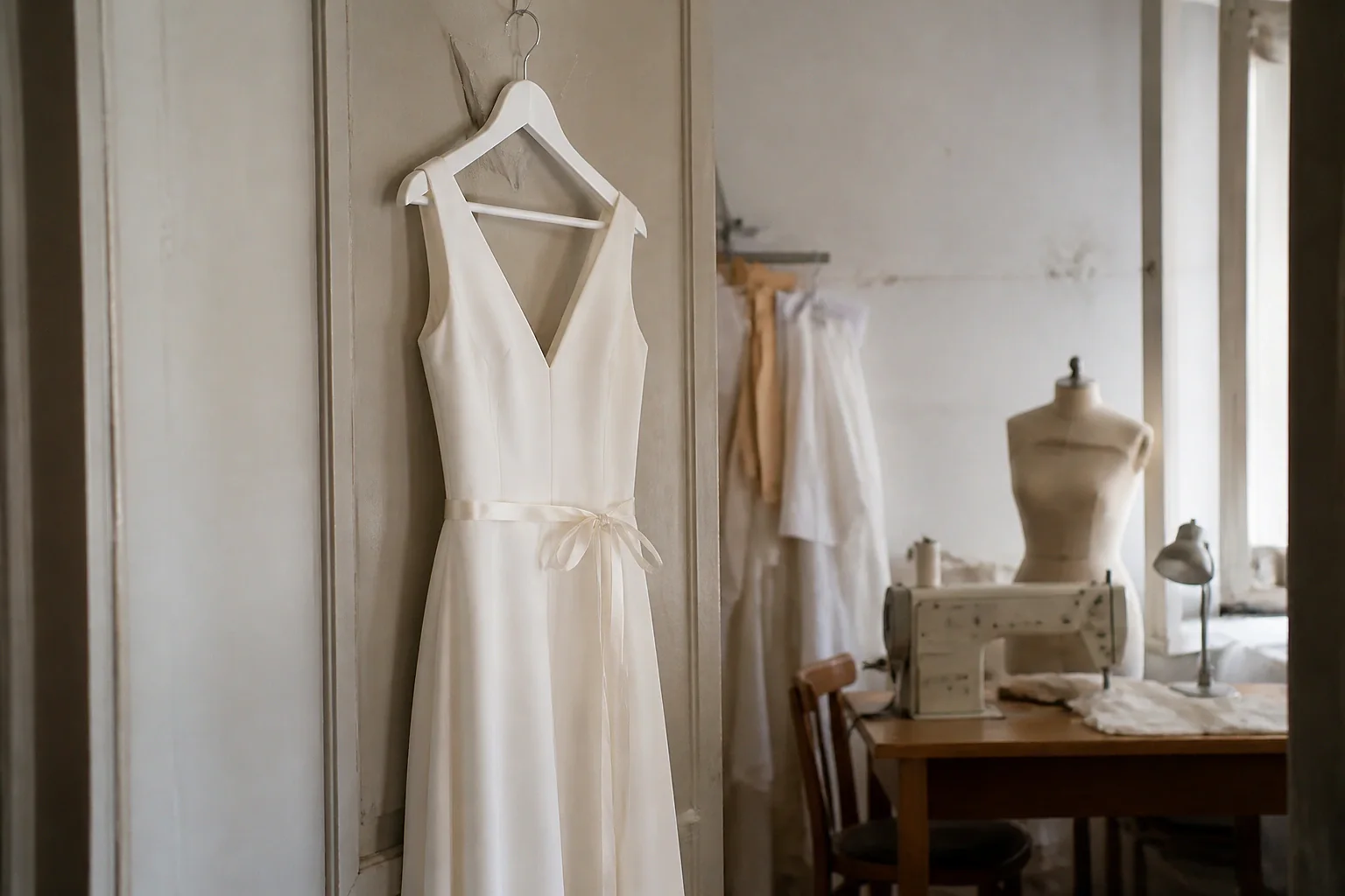 Robe de mariée dans un atelier de confection — illustration générée par IA