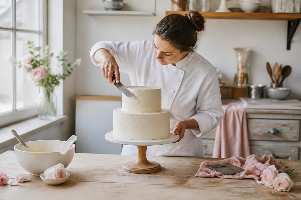 Gâteau de mariage préparé dans un atelier — illustration générée par IA