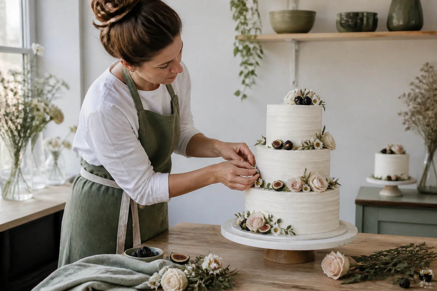 Gâteau de mariage préparé dans un atelier — illustration générée par IA