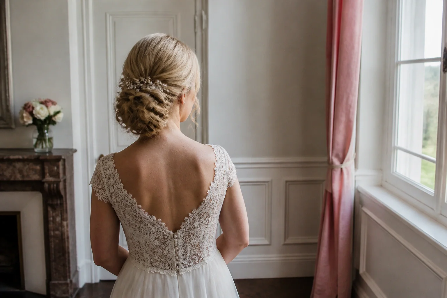 Coiffure de cérémonie vue pendant la préparation — illustration générée par IA