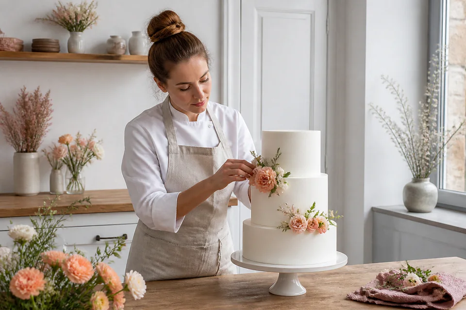 Gâteau de mariage préparé dans un atelier — illustration générée par IA