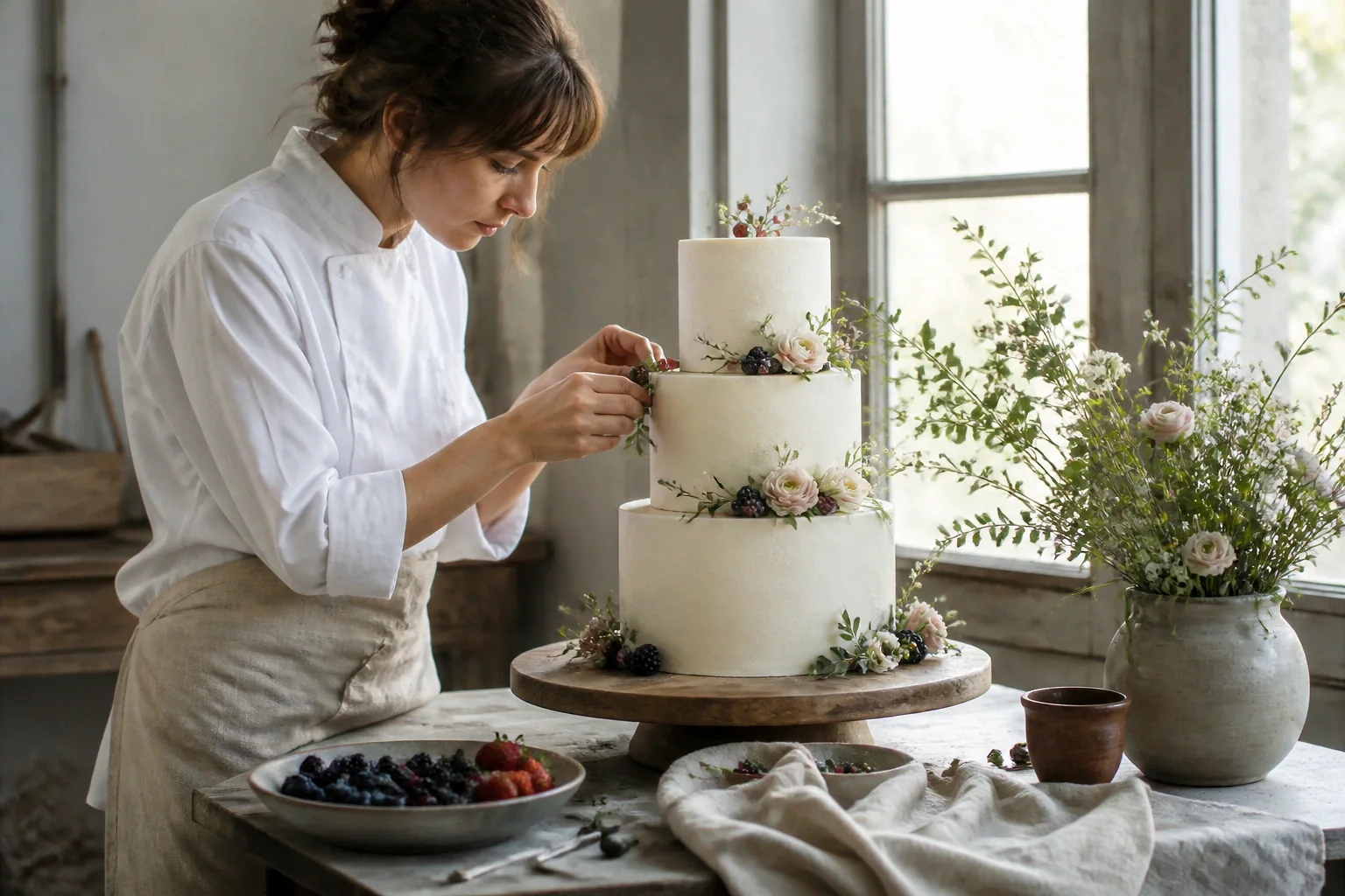 Gâteau de mariage préparé dans un atelier — illustration générée par IA