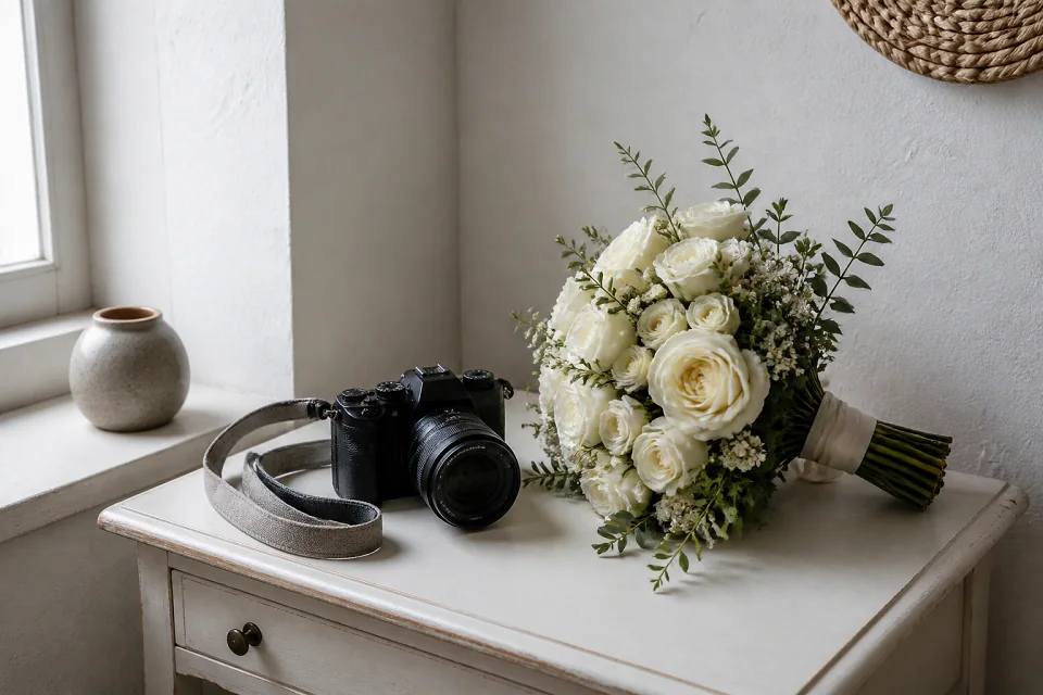 Appareil photo et accessoires de reportage de mariage — illustration générée par IA