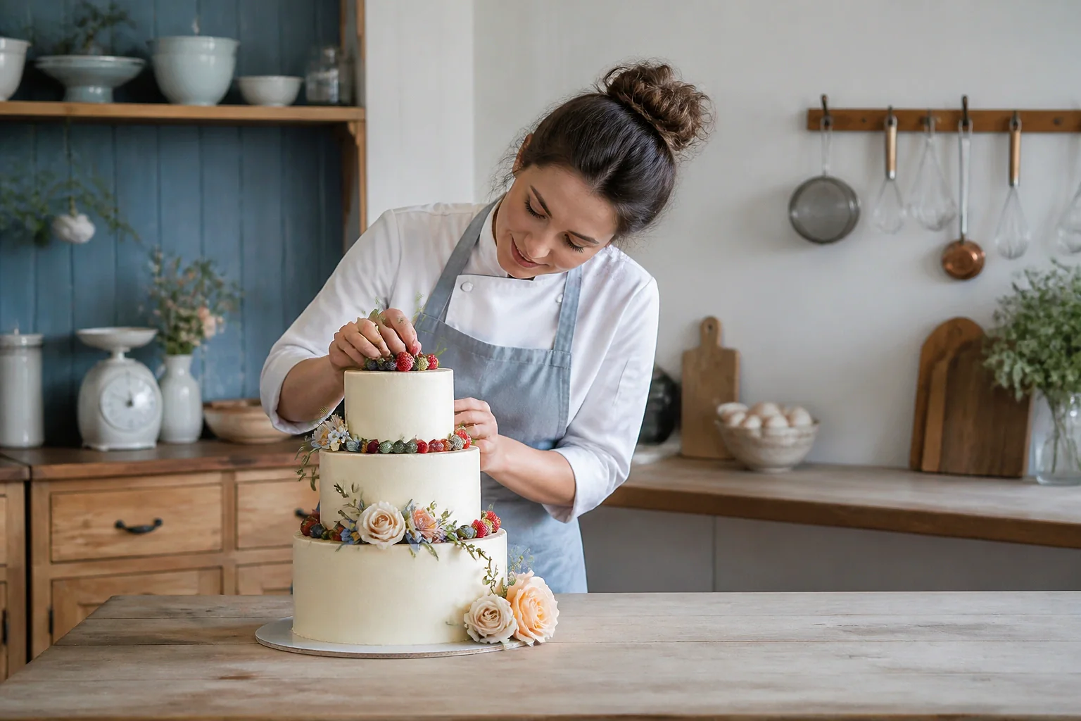 Gâteau de mariage préparé dans un atelier — illustration générée par IA