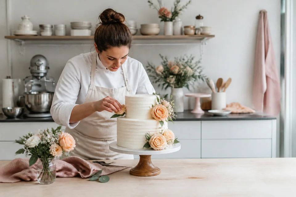 Gâteau de mariage préparé dans un atelier — illustration générée par IA
