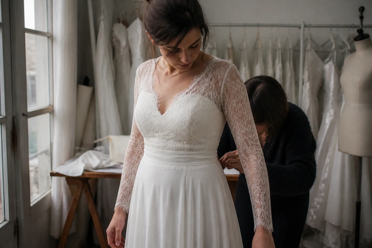 Robe de mariée dans un atelier de confection — illustration générée par IA