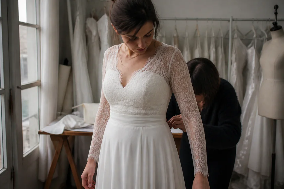 Robe de mariée dans un atelier de confection — illustration générée par IA