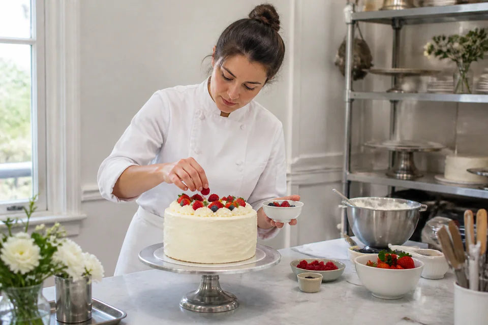 Gâteau de mariage préparé dans un atelier — illustration générée par IA