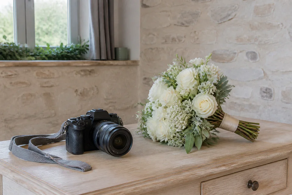 Appareil photo et accessoires de reportage de mariage — illustration générée par IA