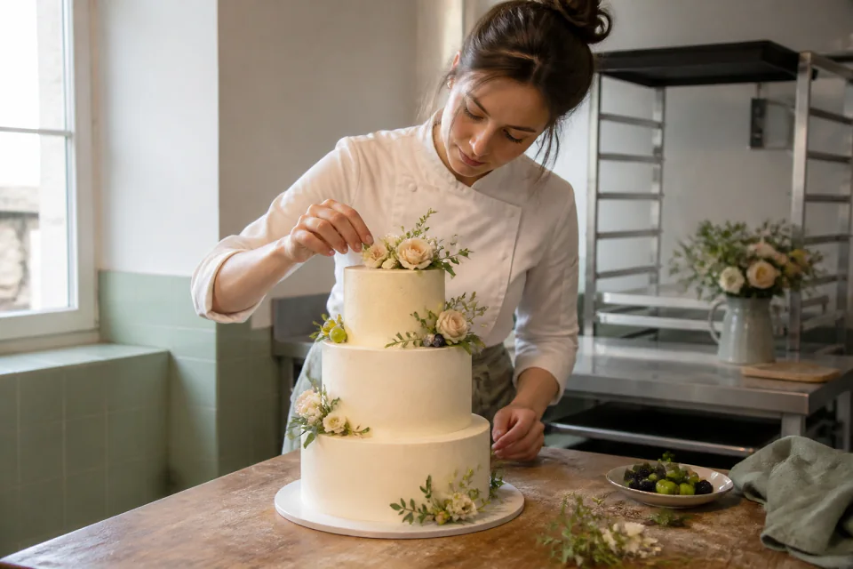 Gâteau de mariage préparé dans un atelier — illustration générée par IA