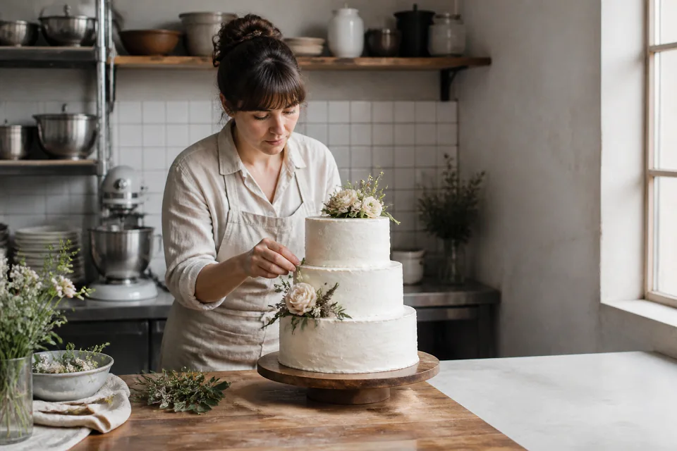 Gâteau de mariage préparé dans un atelier — illustration générée par IA