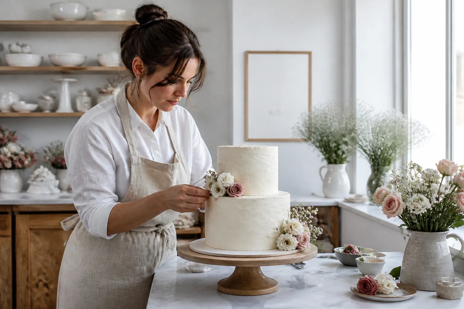 Gâteau de mariage préparé dans un atelier — illustration générée par IA