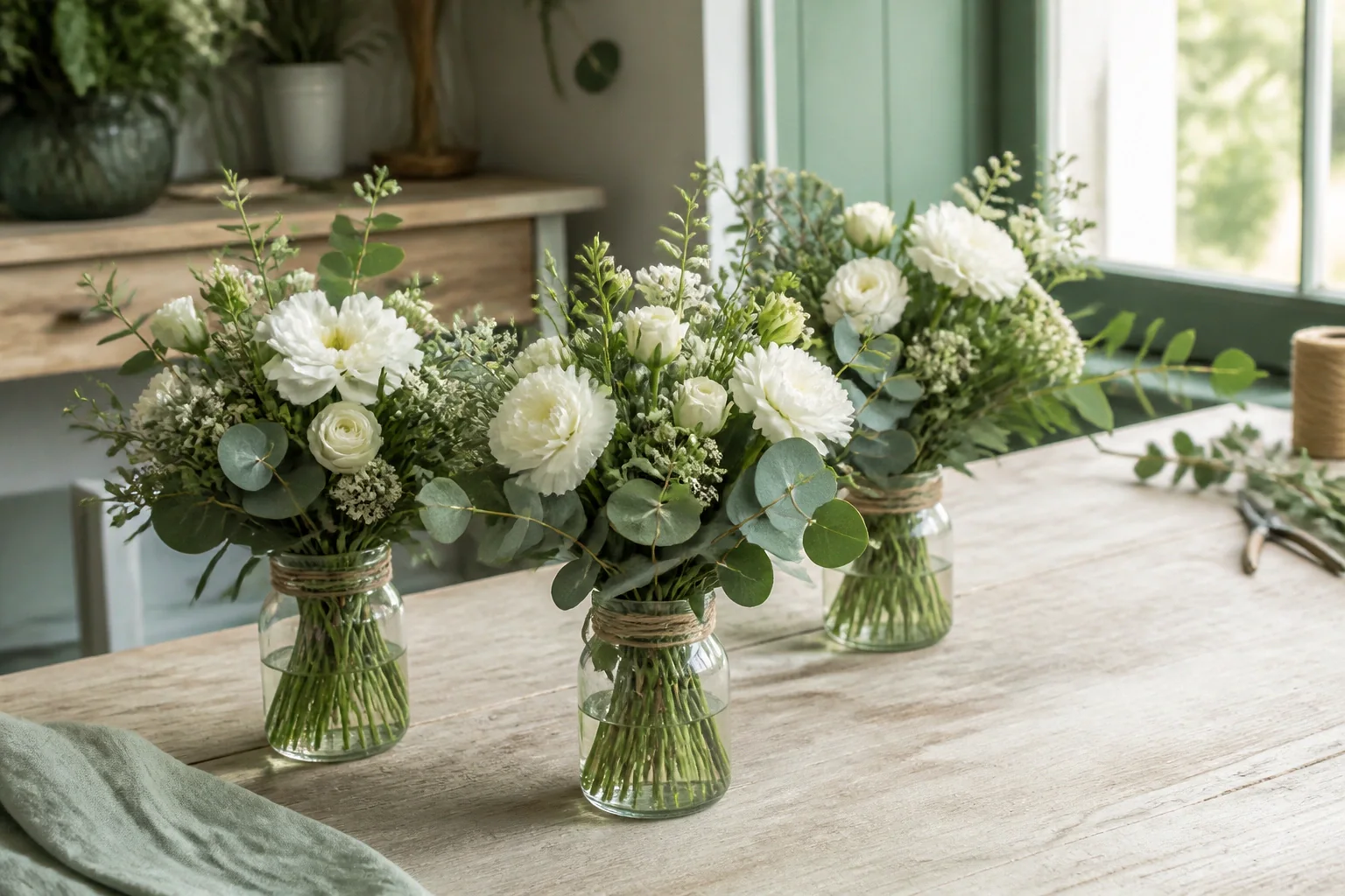 Préparation florale pour un mariage — illustration générée par IA