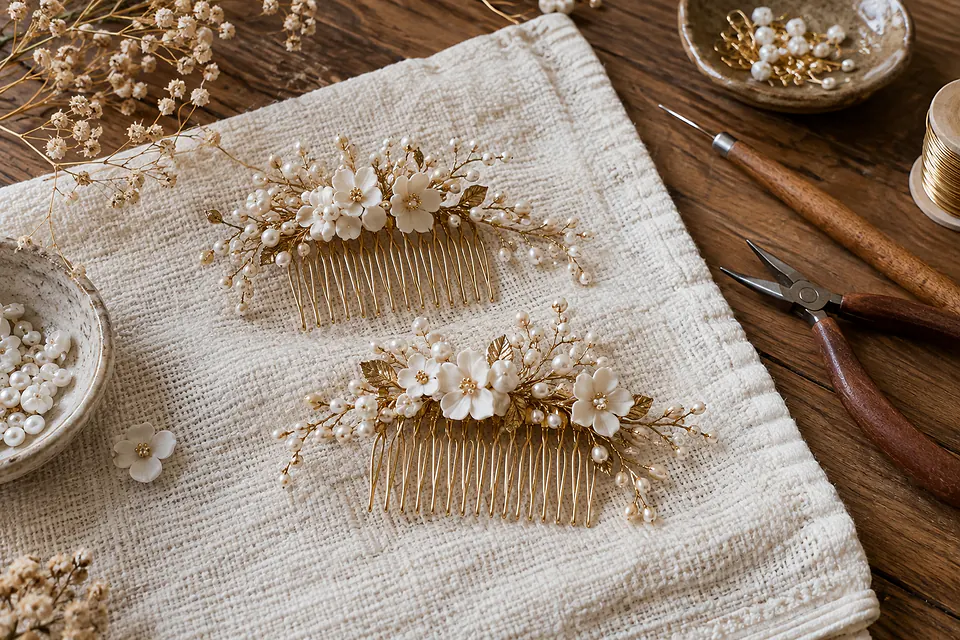 Peignes de mariée à fleurs blanches sur une table — illustration générée par IA