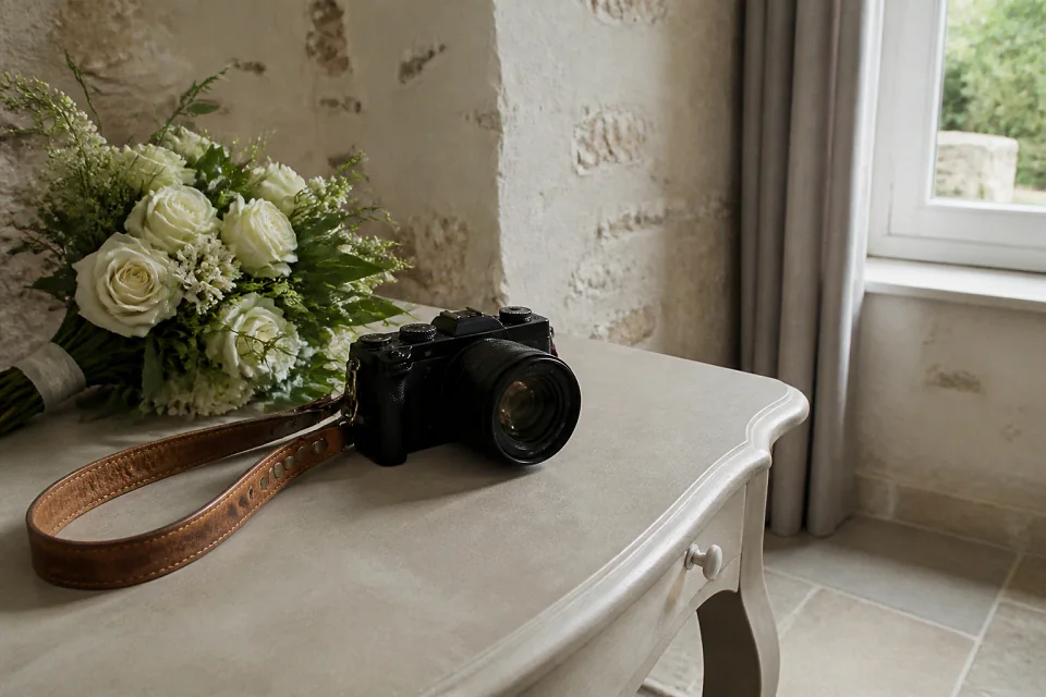 Appareil photo et accessoires de reportage de mariage — illustration générée par IA