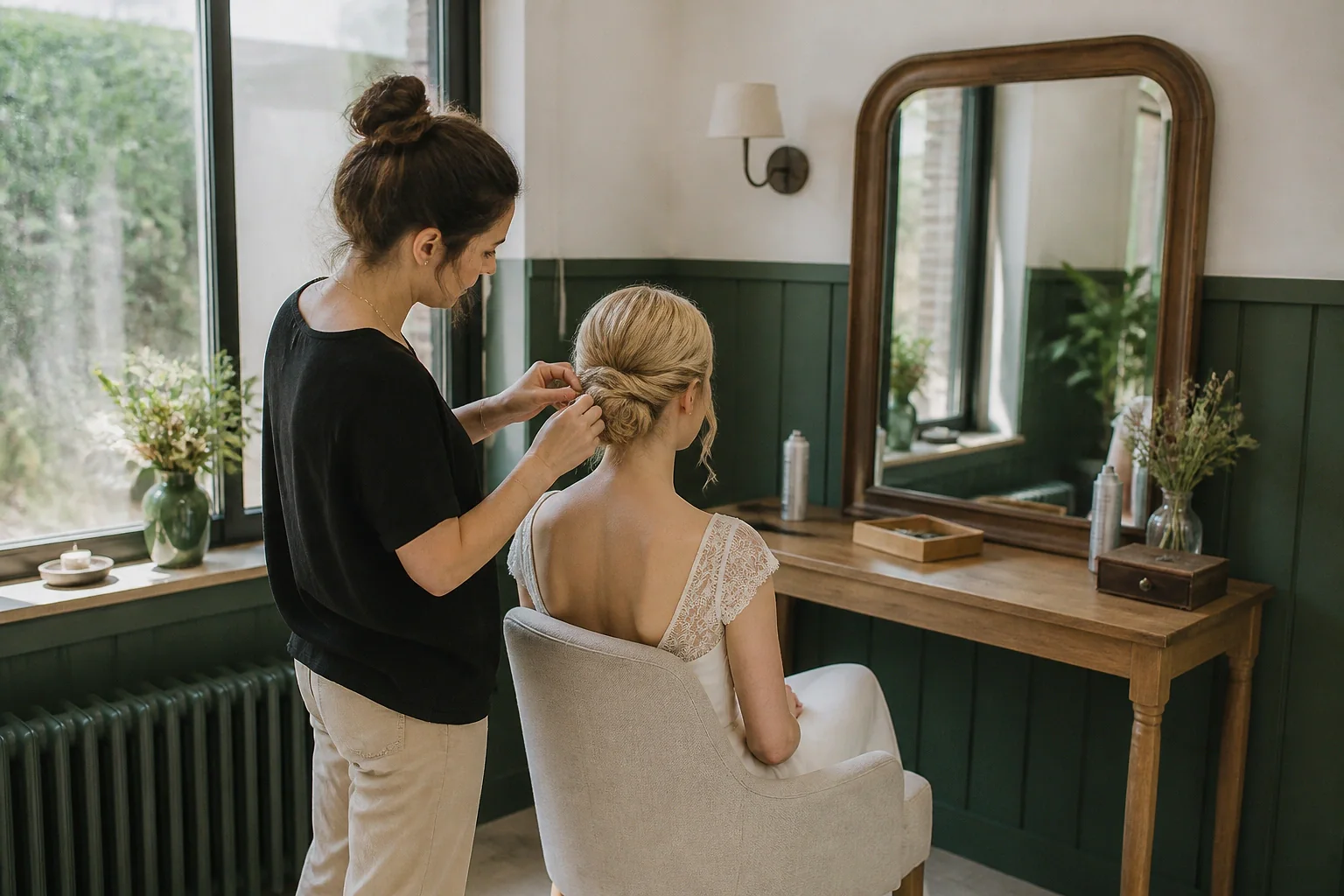Coiffure de cérémonie vue pendant la préparation — illustration générée par IA