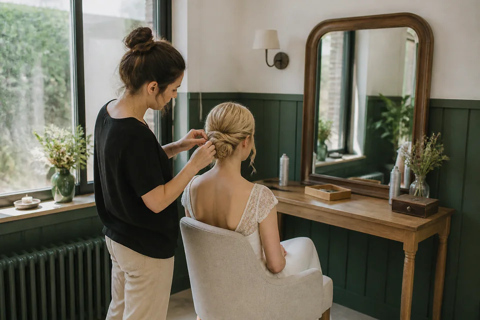 Coiffure de cérémonie vue pendant la préparation — illustration générée par IA