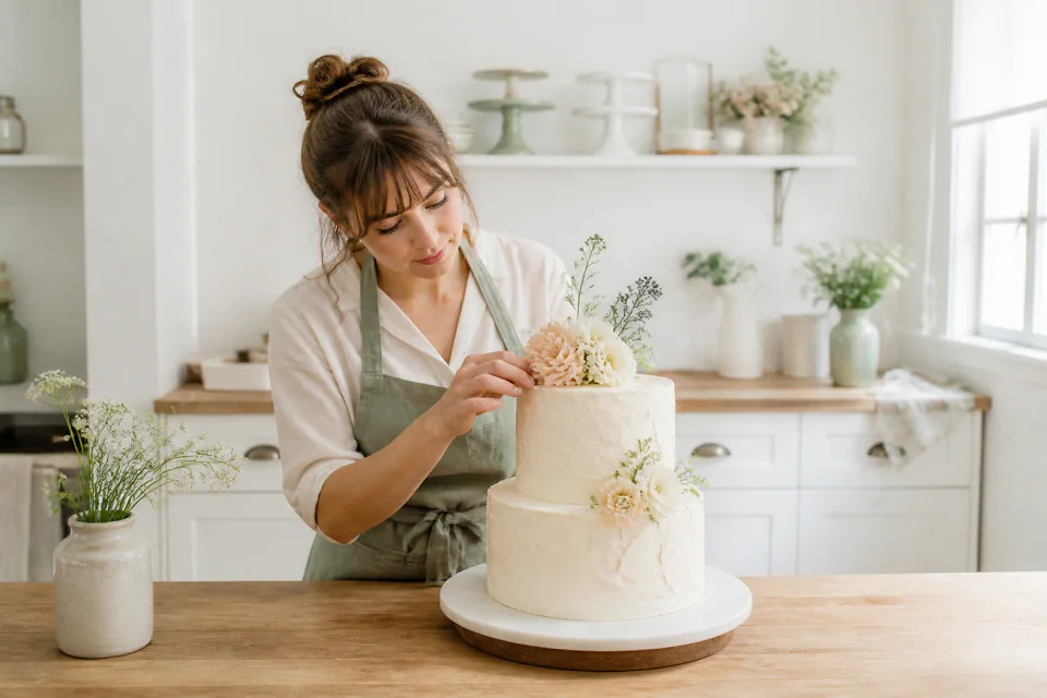 Gâteau de mariage préparé dans un atelier — illustration générée par IA