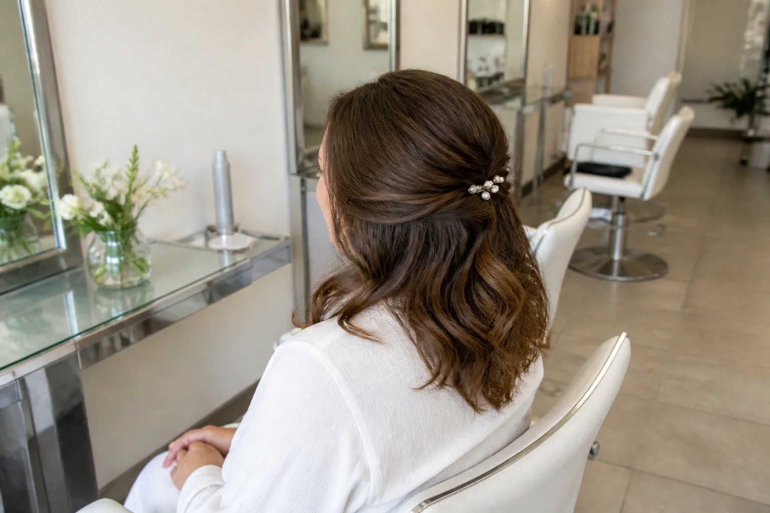 Coiffure de cérémonie vue pendant la préparation — illustration générée par IA