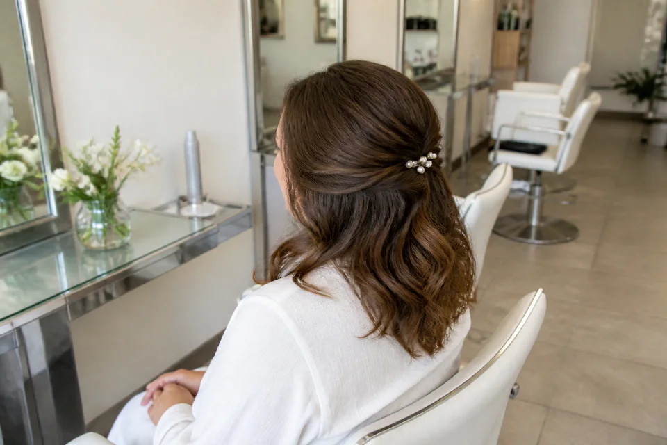 Coiffure de cérémonie vue pendant la préparation — illustration générée par IA