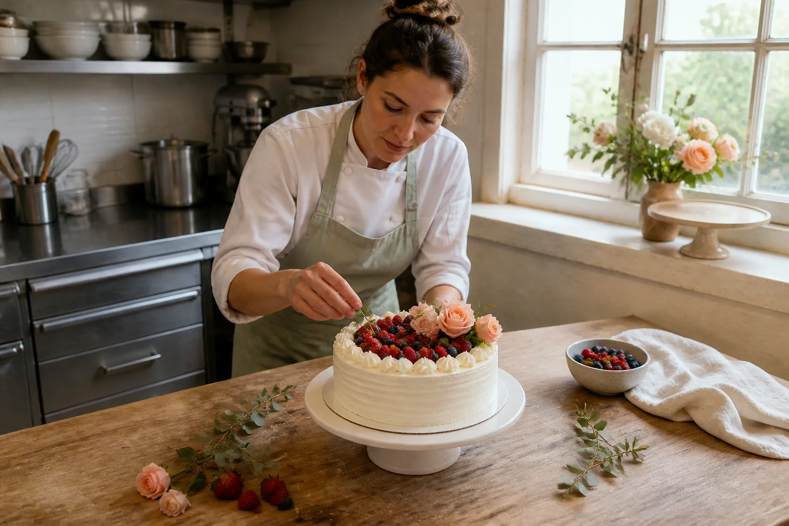 Gâteau de mariage préparé dans un atelier — illustration générée par IA