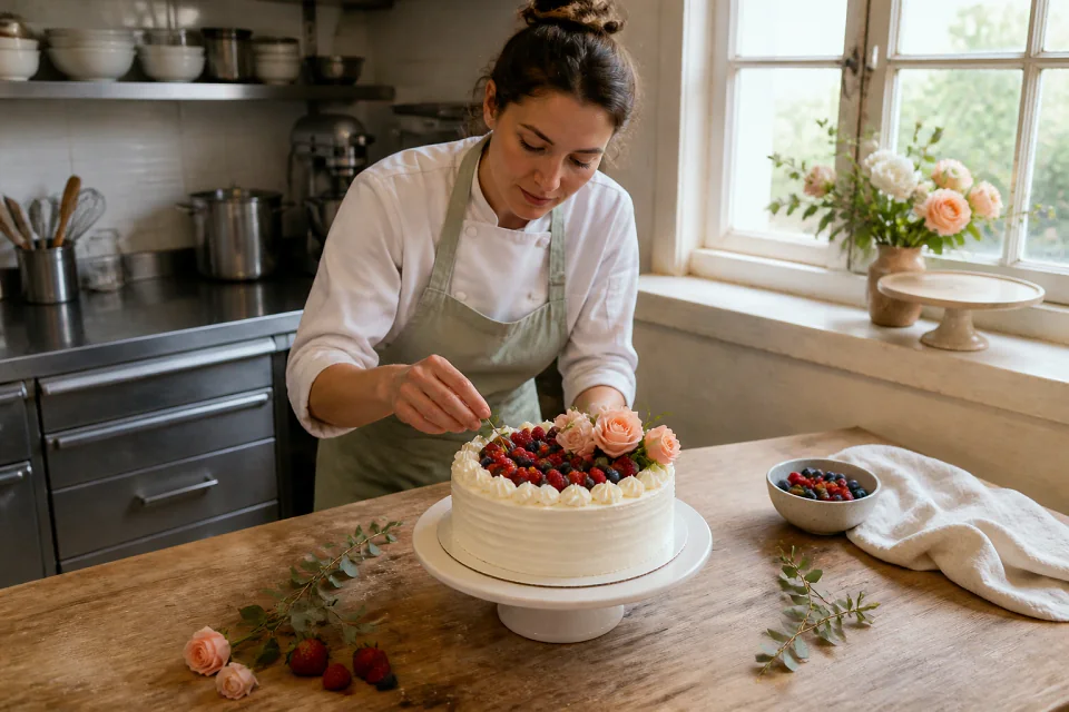 Gâteau de mariage préparé dans un atelier — illustration générée par IA