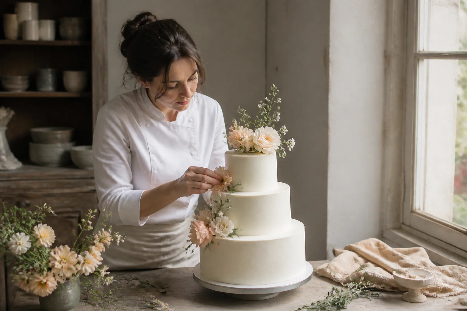Gâteau de mariage préparé dans un atelier — illustration générée par IA