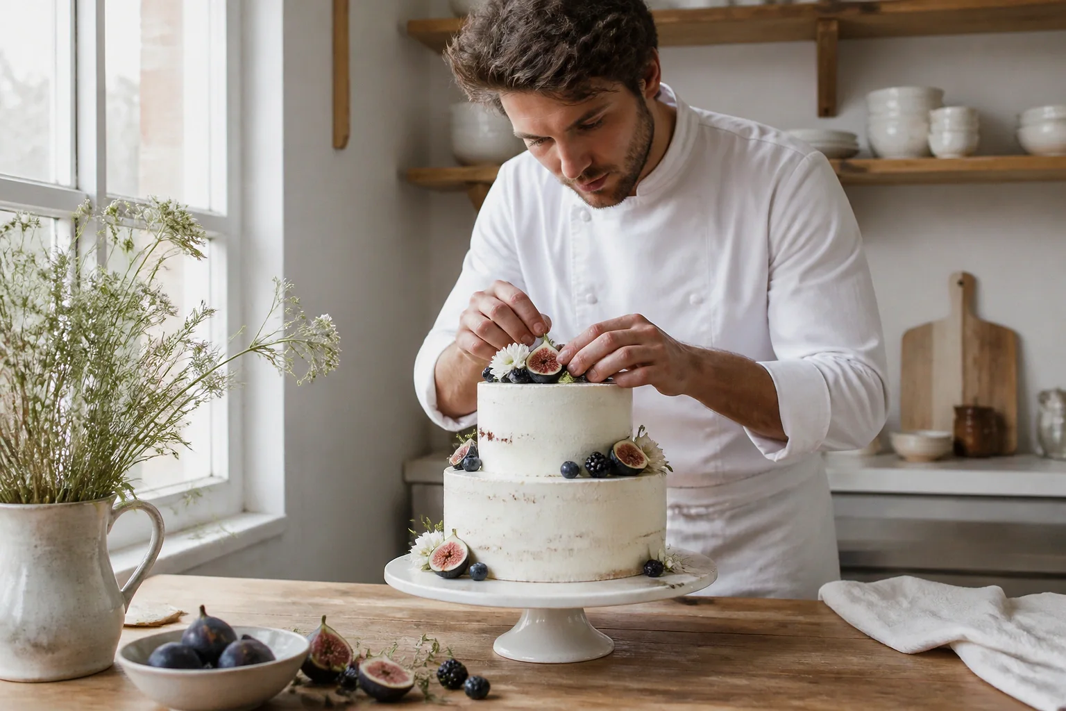 Gâteau de mariage préparé dans un atelier — illustration générée par IA