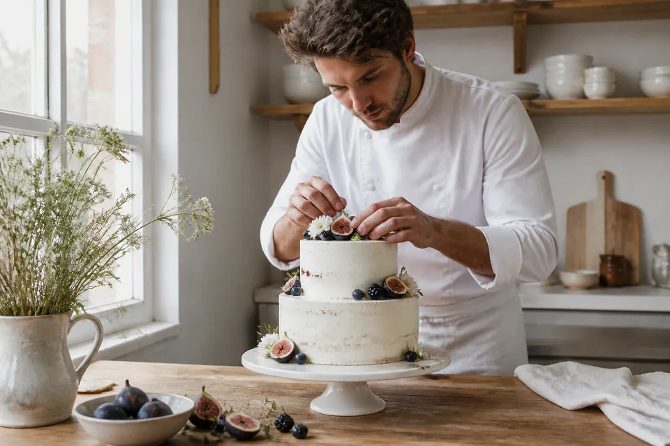 Gâteau de mariage préparé dans un atelier — illustration générée par IA