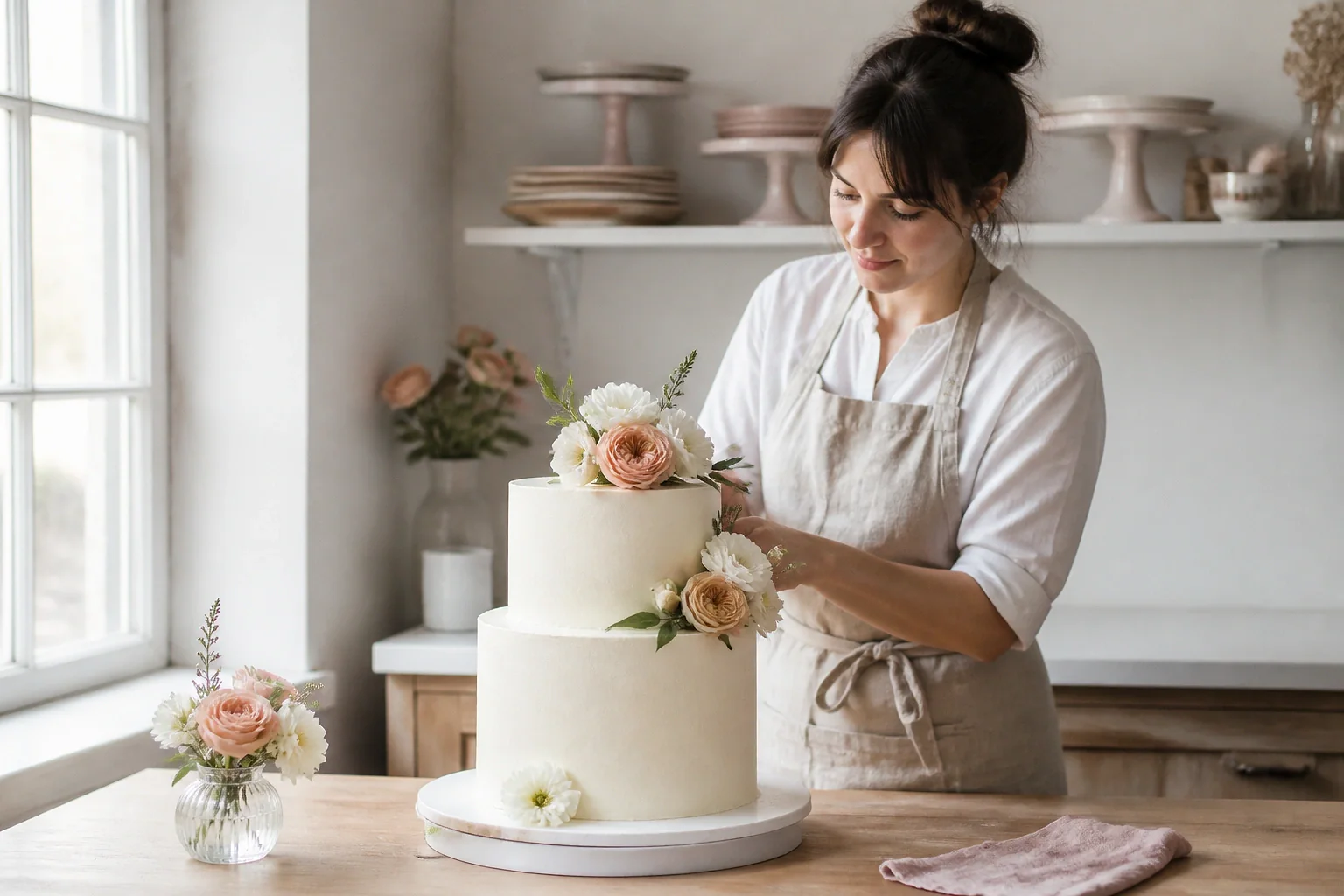 Gâteau de mariage préparé dans un atelier — illustration générée par IA
