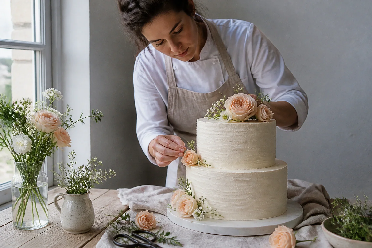 Gâteau de mariage préparé dans un atelier — illustration générée par IA
