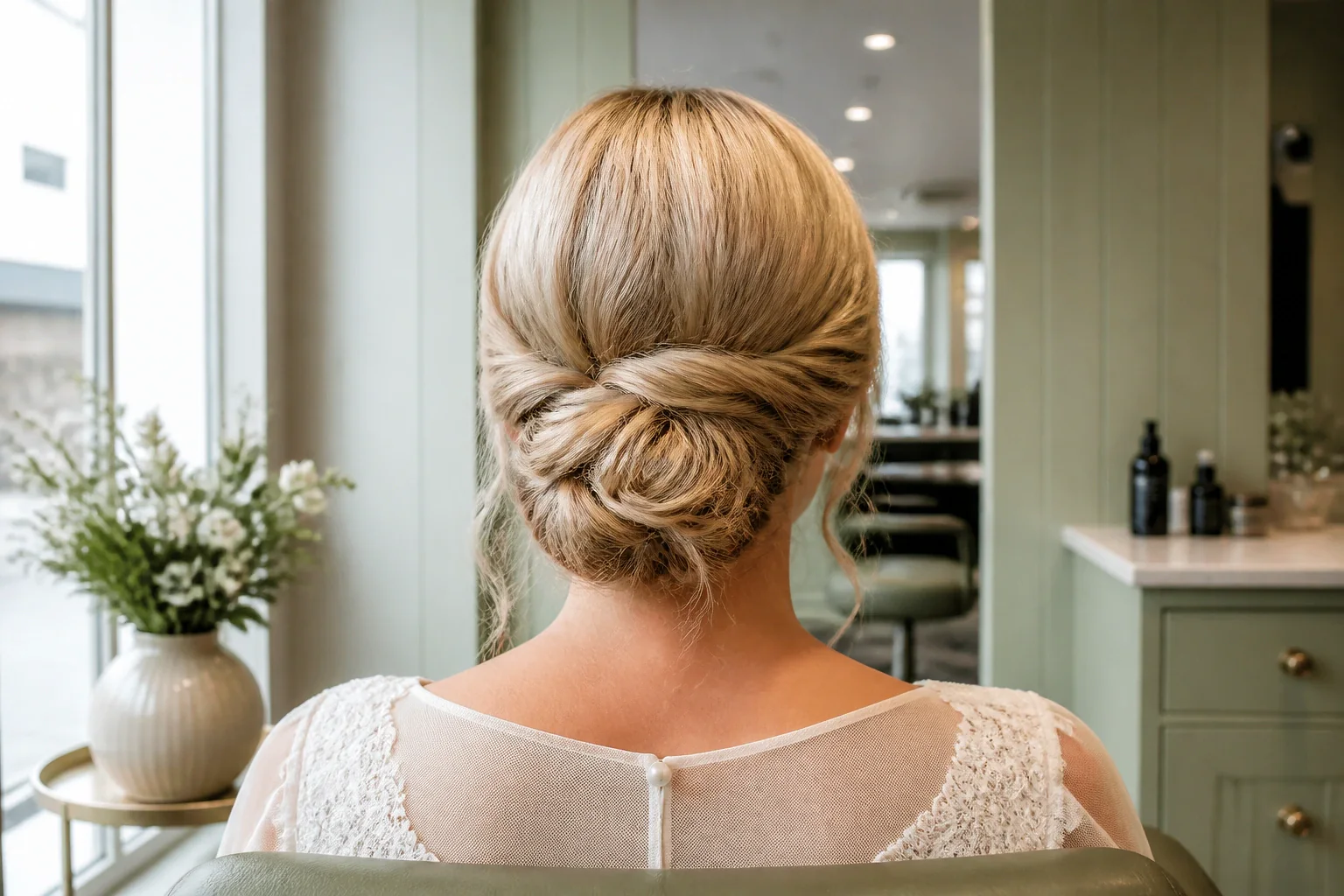 Coiffure de cérémonie vue pendant la préparation — illustration générée par IA
