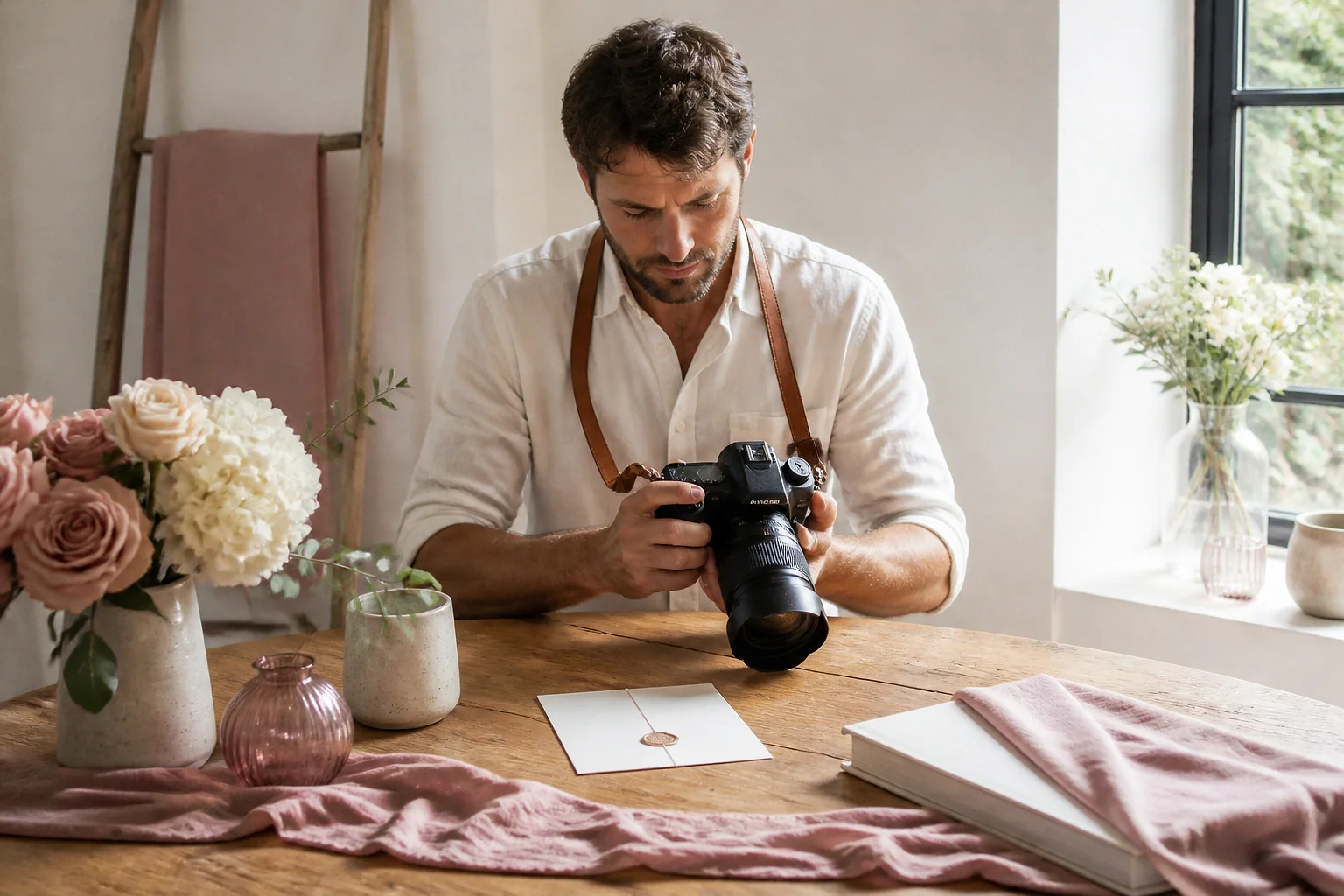 Appareil photo et accessoires de reportage de mariage — illustration générée par IA
