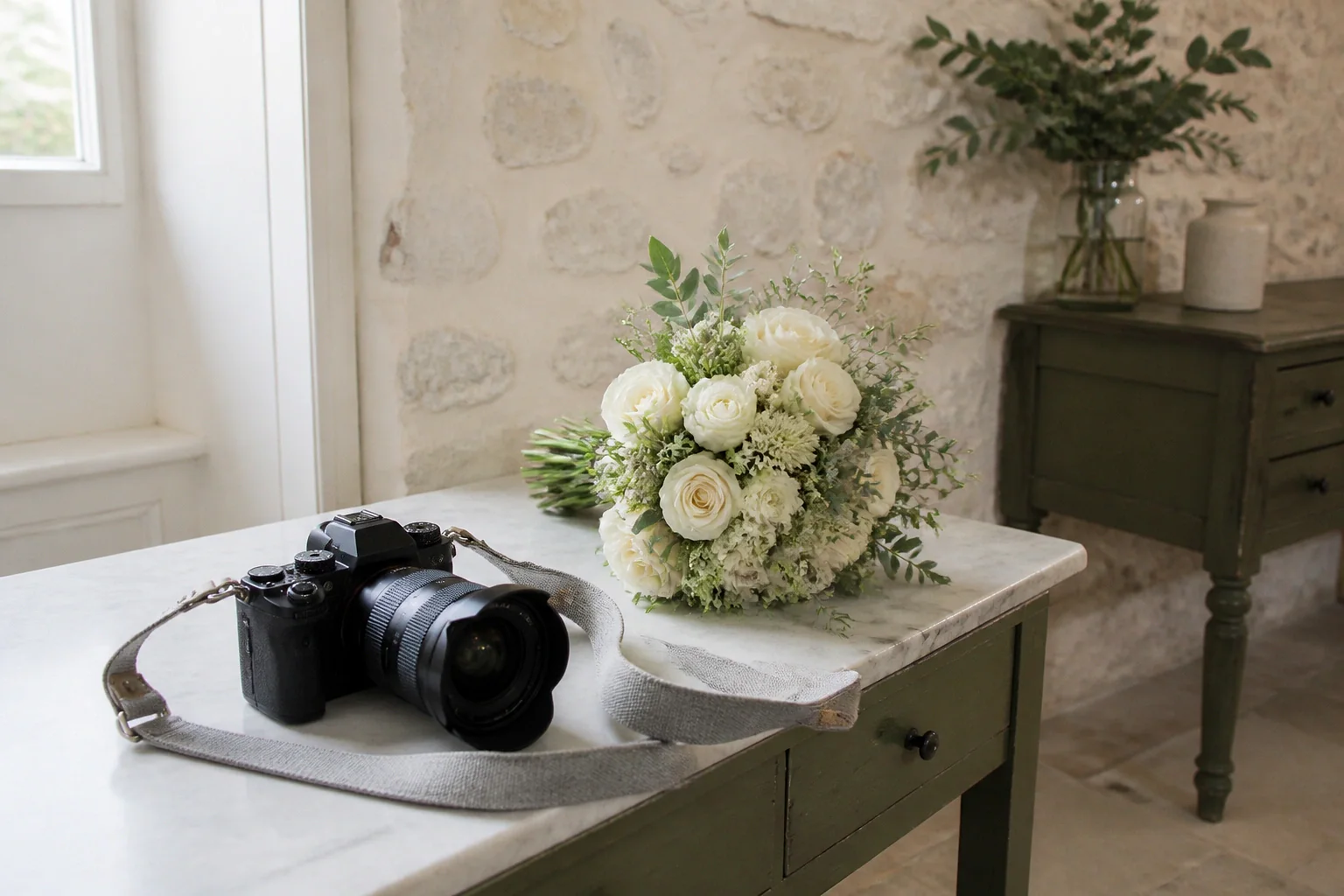 Appareil photo et accessoires de reportage de mariage — illustration générée par IA