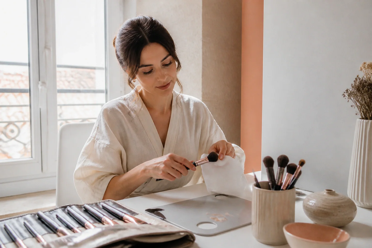 Préparation d’un maquillage de mariage — illustration générée par IA