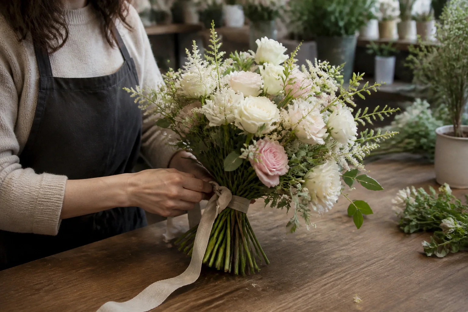 Préparation florale pour un mariage — illustration générée par IA