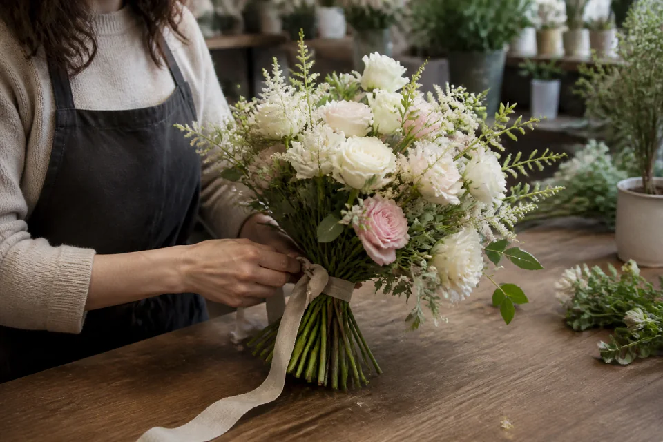 Préparation florale pour un mariage — illustration générée par IA