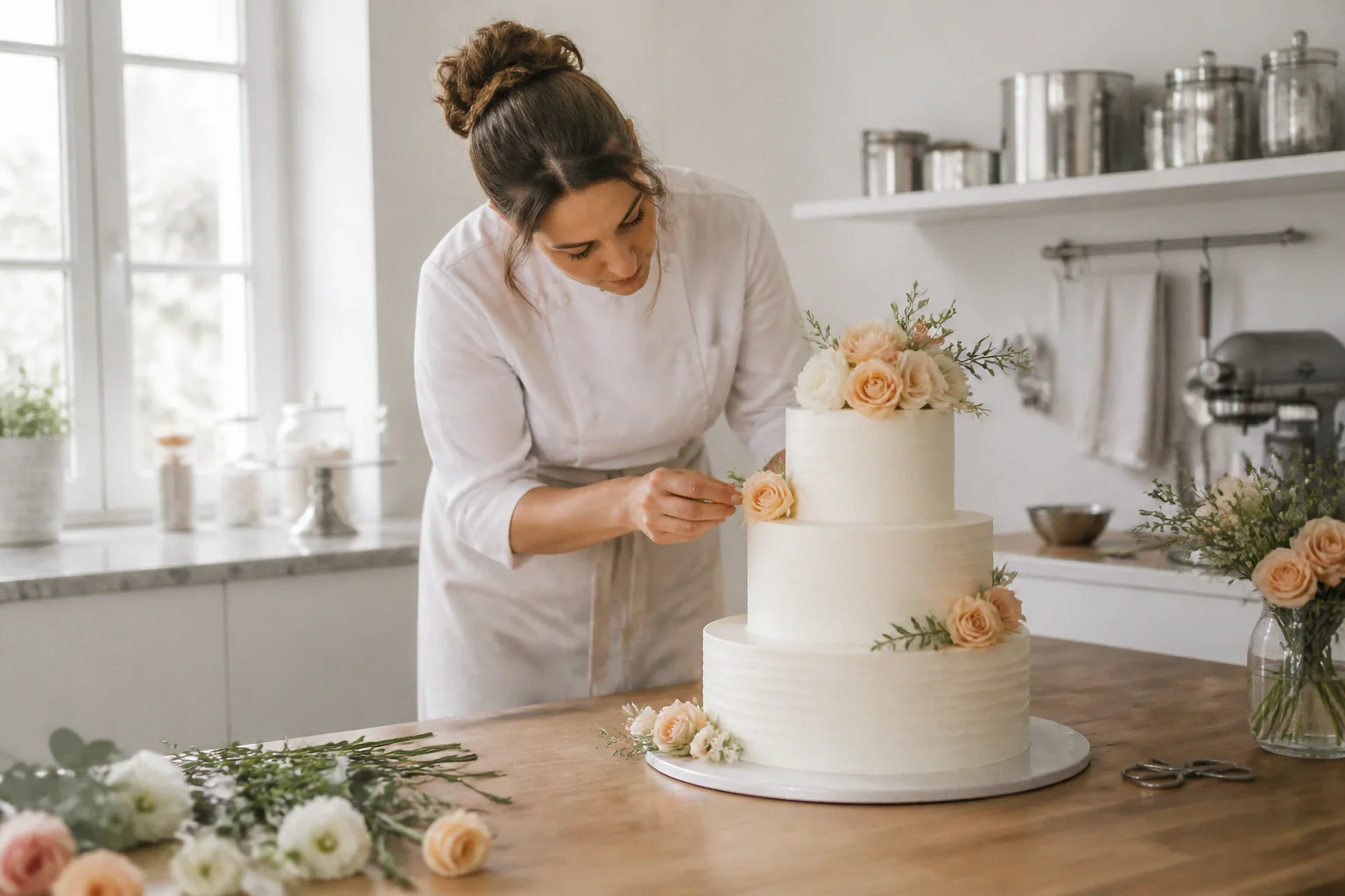 Gâteau de mariage préparé dans un atelier — illustration générée par IA