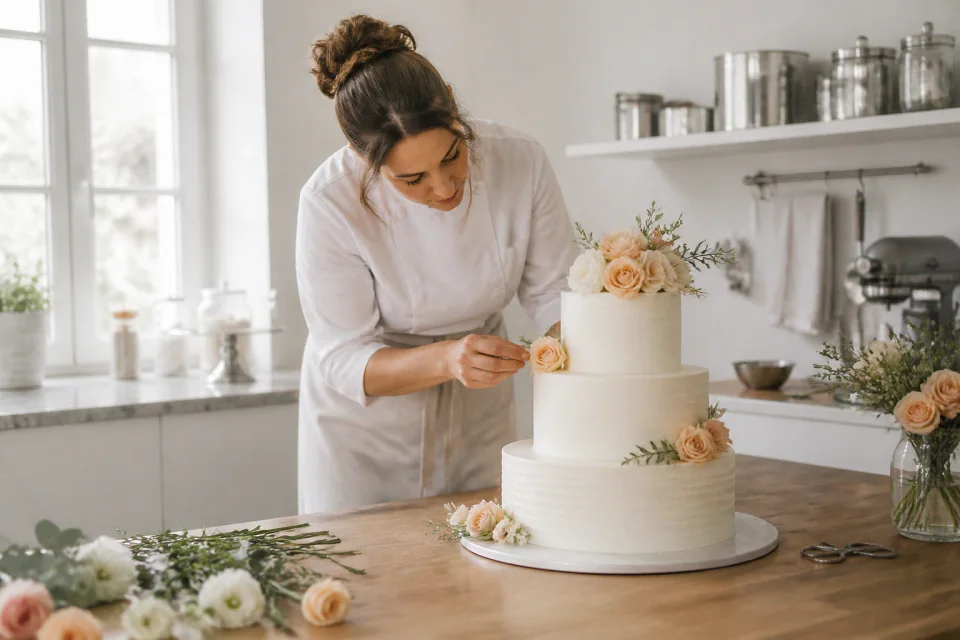 Gâteau de mariage préparé dans un atelier — illustration générée par IA