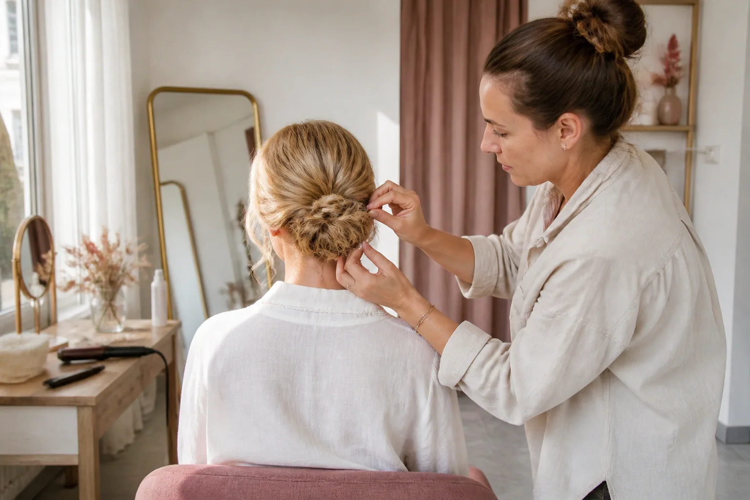 Coiffure de cérémonie vue pendant la préparation — illustration générée par IA