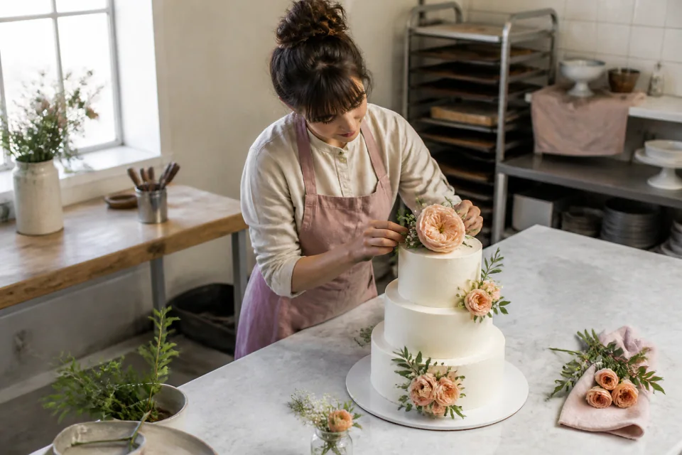 Gâteau de mariage préparé dans un atelier — illustration générée par IA
